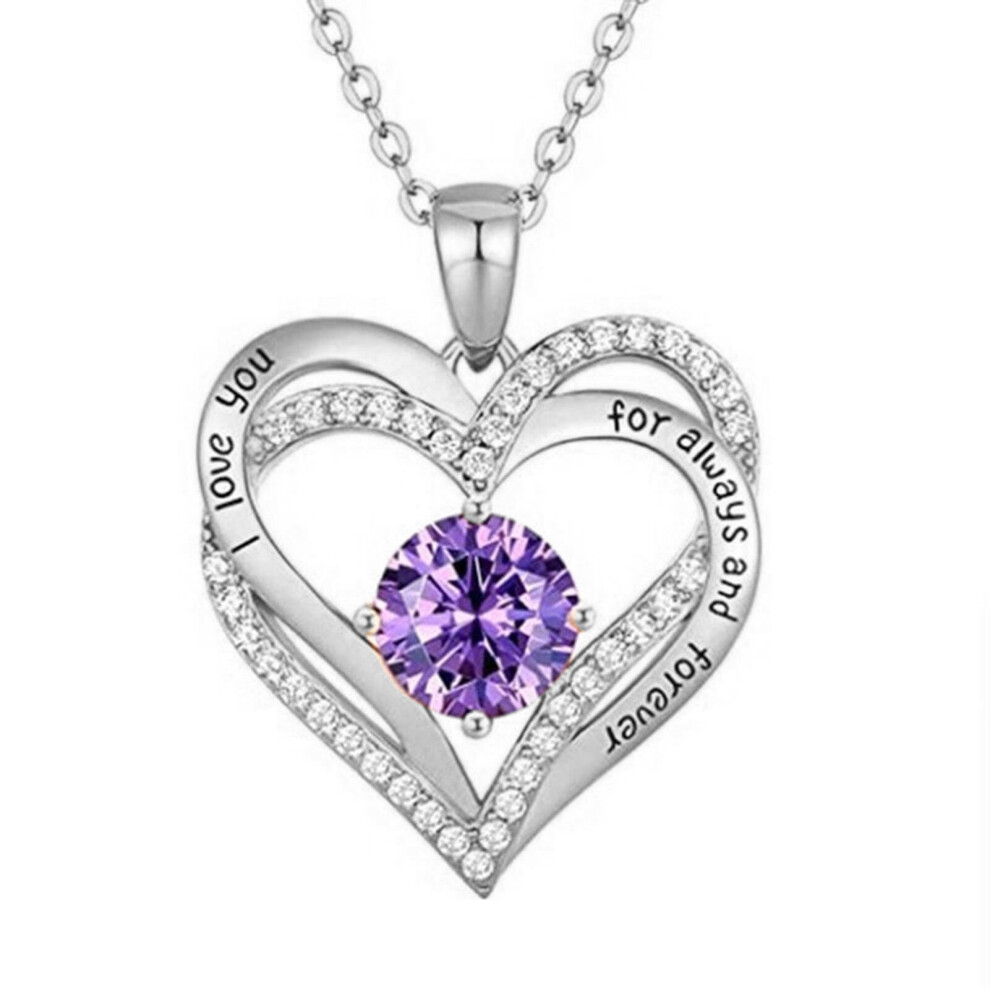 (Silver, February) Simple Double Heart Pendant Alloy I Love You Birthstone Women Clavicle Necklace for Valentine Day - Image 3