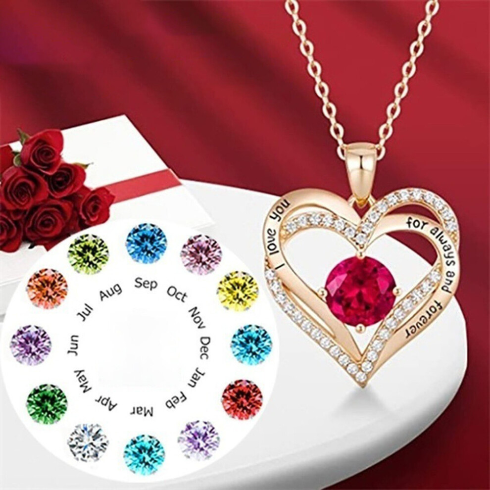 (Silver, February) Simple Double Heart Pendant Alloy I Love You Birthstone Women Clavicle Necklace for Valentine Day
