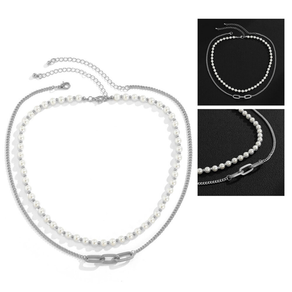 (silver) Geometric Imitation Pearl Necklace Hip Hop Style