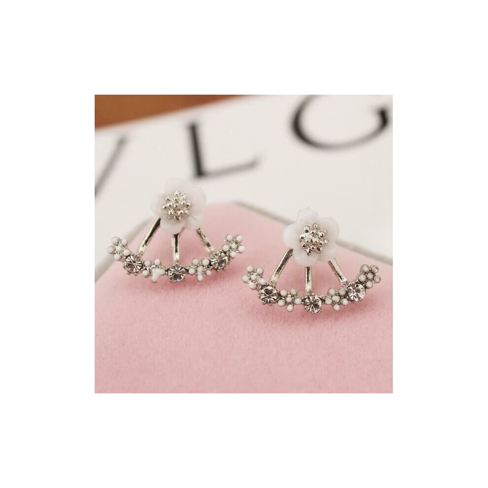 (Silver) Gorgeous Flower Linked Stud Earrings Women Girls Zircon Stud Jewellery Office