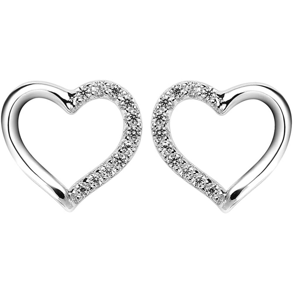Silver Heart Stud Earrings - 925 Sterling Silver Studs with Sparkling Cubic Zirconia, Birthday Christmas Gifts for Women