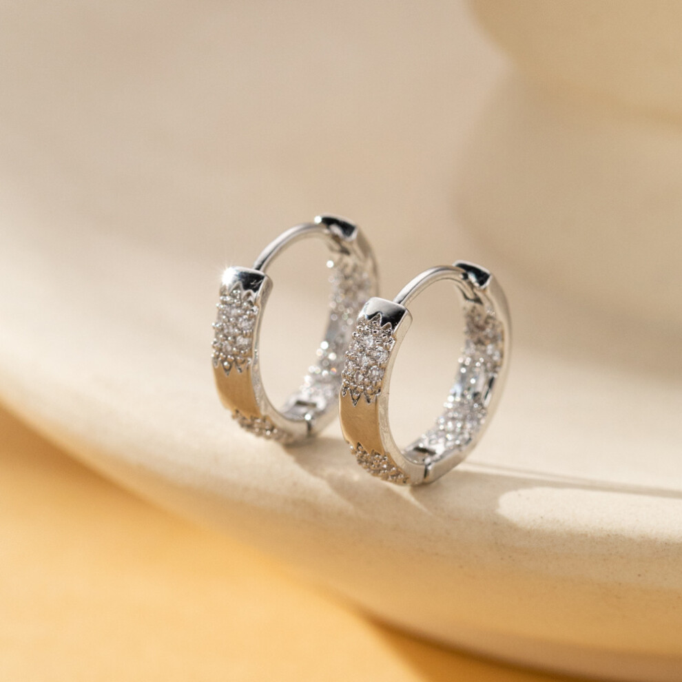 Silver Huggie Hoop Earrings, Cute Chunky CZ Starburst Cuff - Image 2