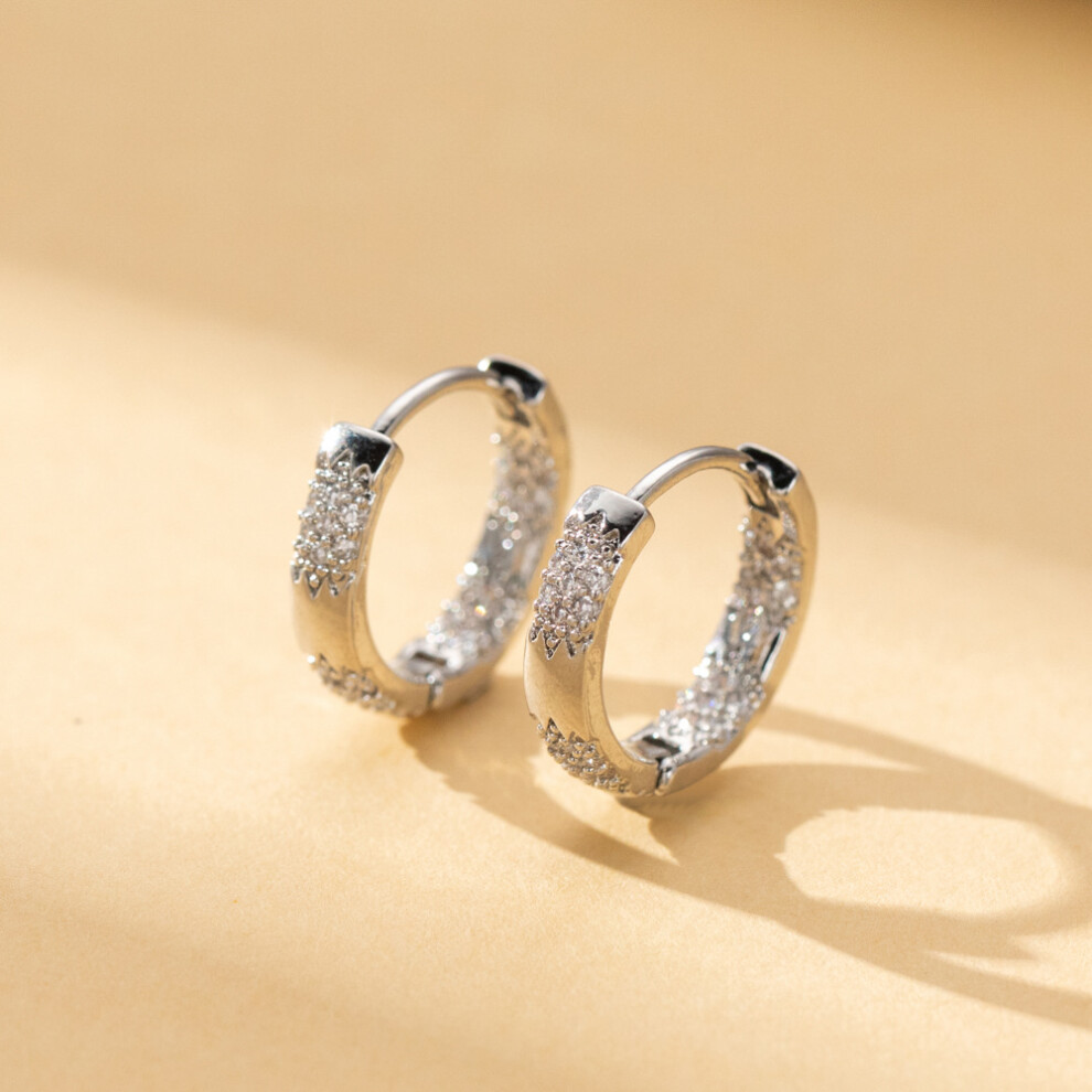 Silver Huggie Hoop Earrings, Cute Chunky CZ Starburst Cuff