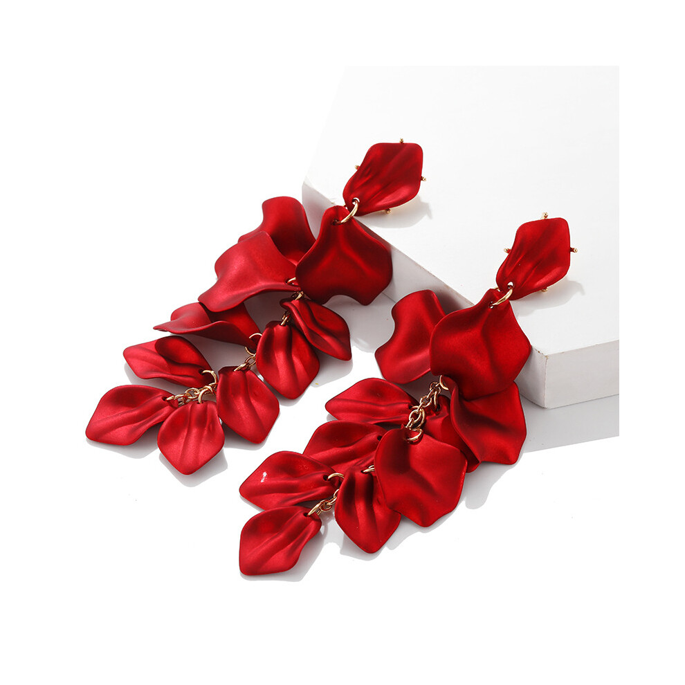 Silver needle red acrylic rose petal long earrings