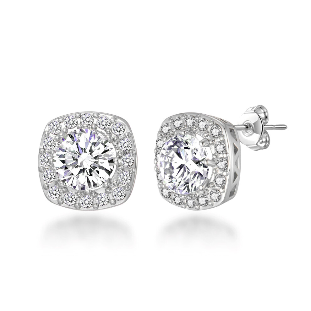 Silver Plated Square Halo Earrings Created with Swarovski Crystals