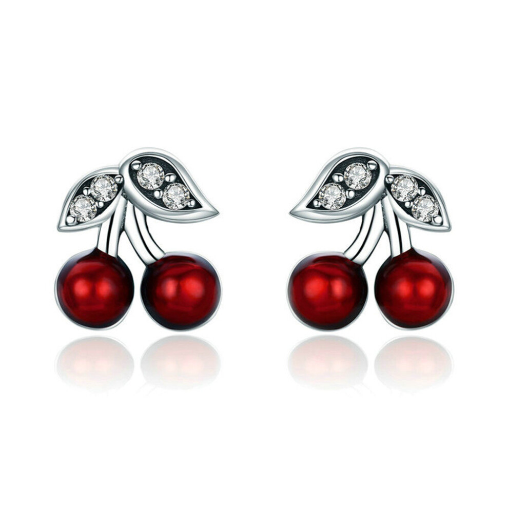 Silver plating Summer Cherry Red Stud Earrings for Women Jewelry Gift