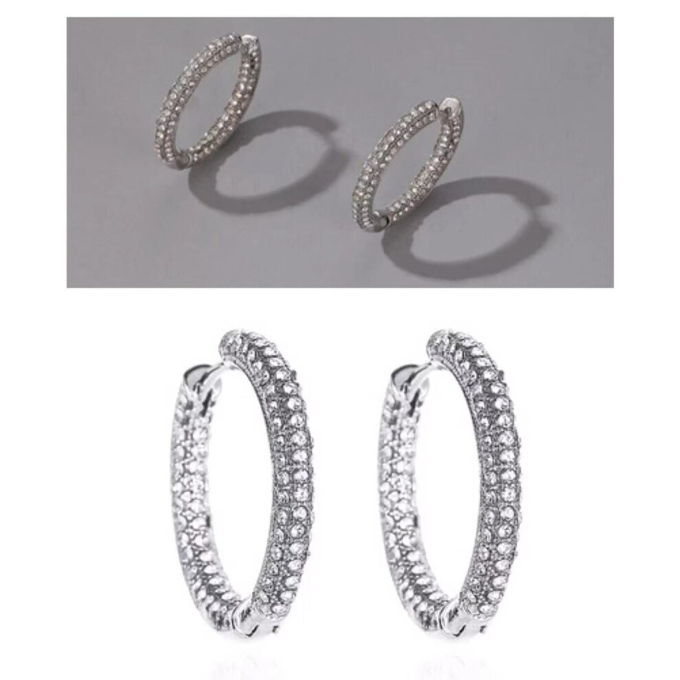 (Silver) Round Hoop Earrings Work Every Day Women Sleep Sparkling Silver Gold Rhinestone