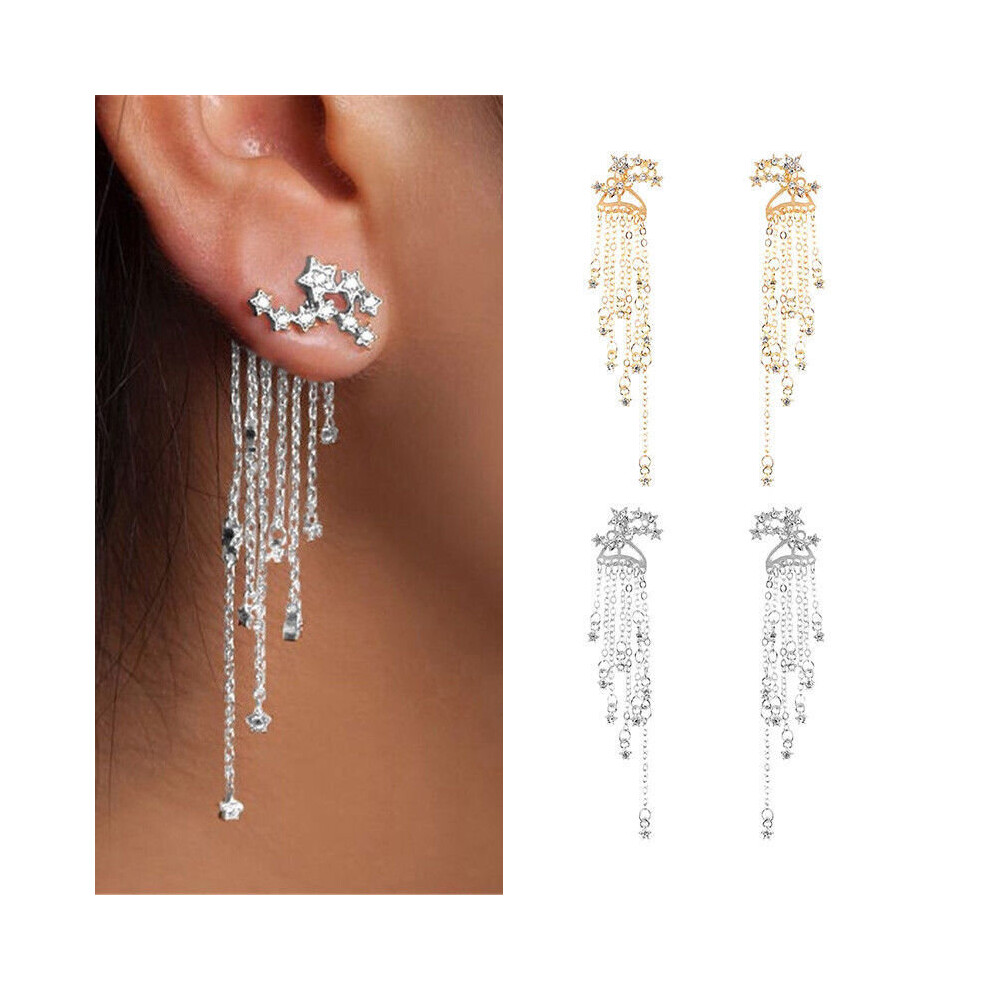 (Silver) Shooting Star Rhinestone Long Tassels Drop Hook Dangle Earrings Gold Silver New - Image 2