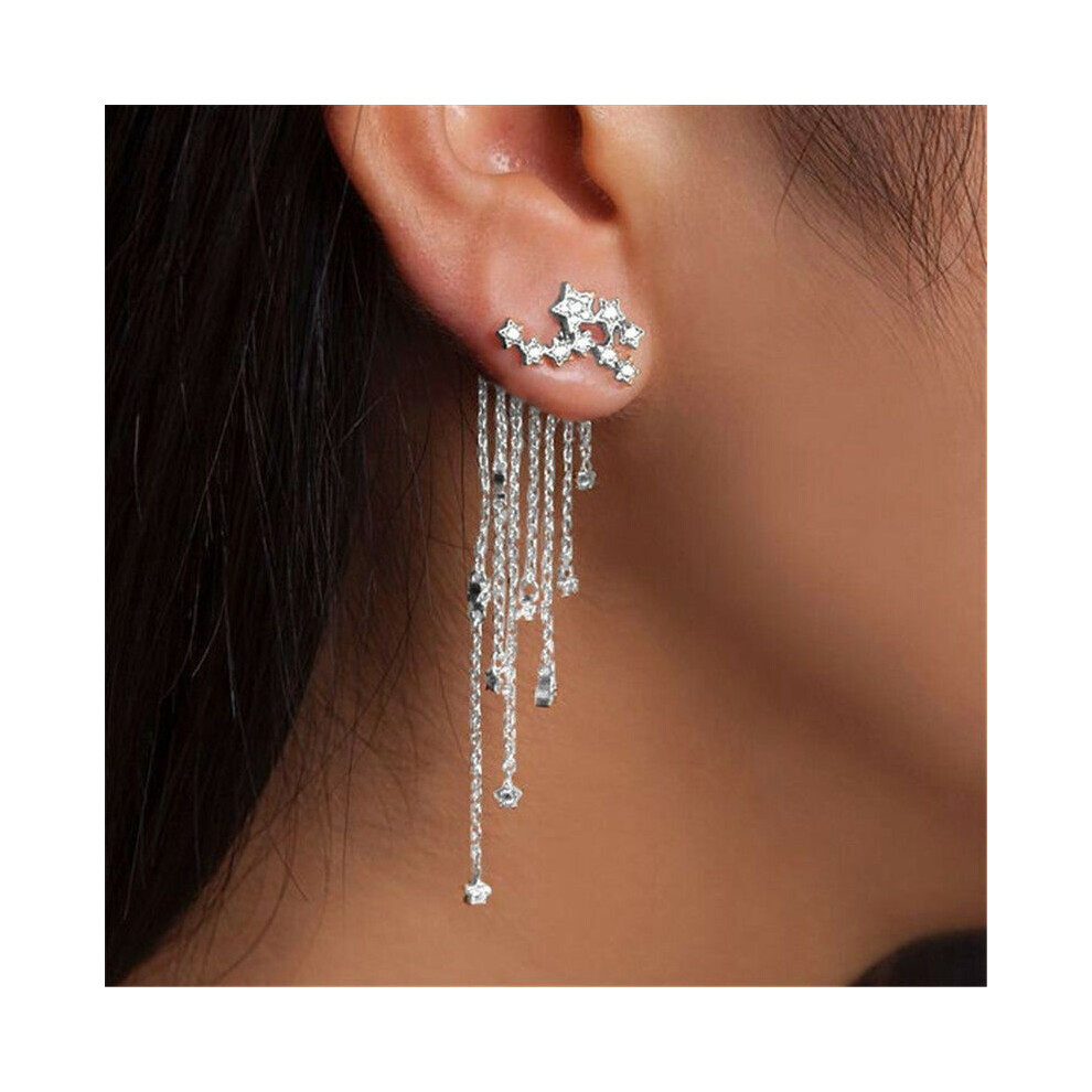 (Silver) Shooting Star Rhinestone Long Tassels Drop Hook Dangle Earrings Gold Silver New - Image 3