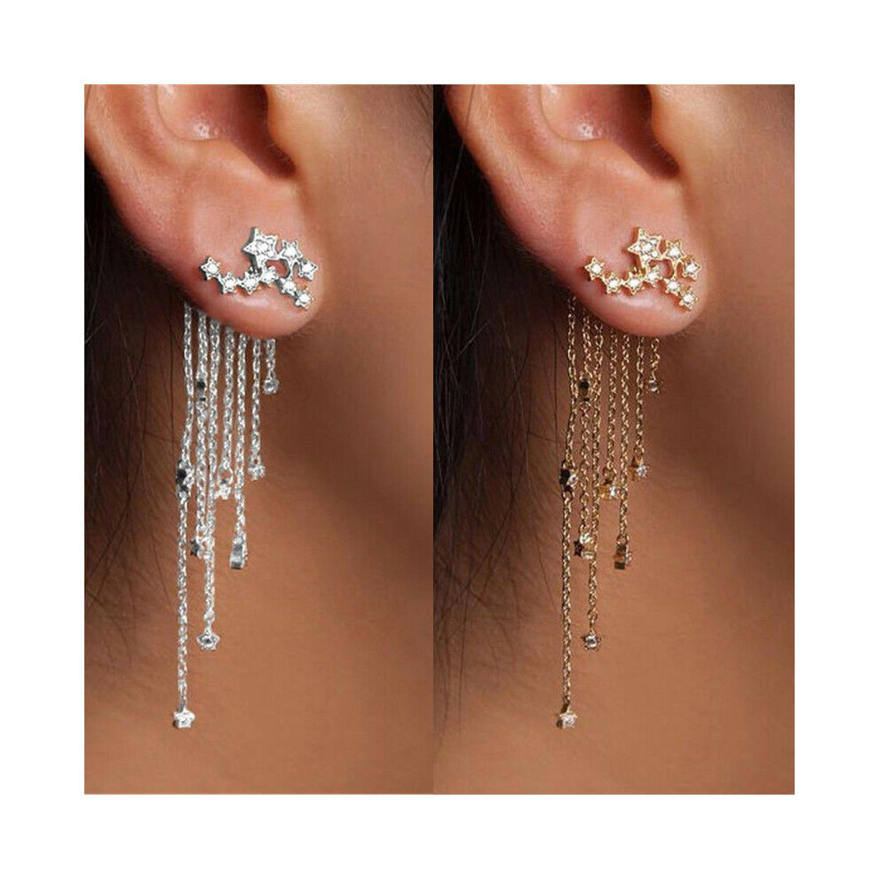 (Silver) Shooting Star Rhinestone Long Tassels Drop Hook Dangle Earrings Gold Silver New
