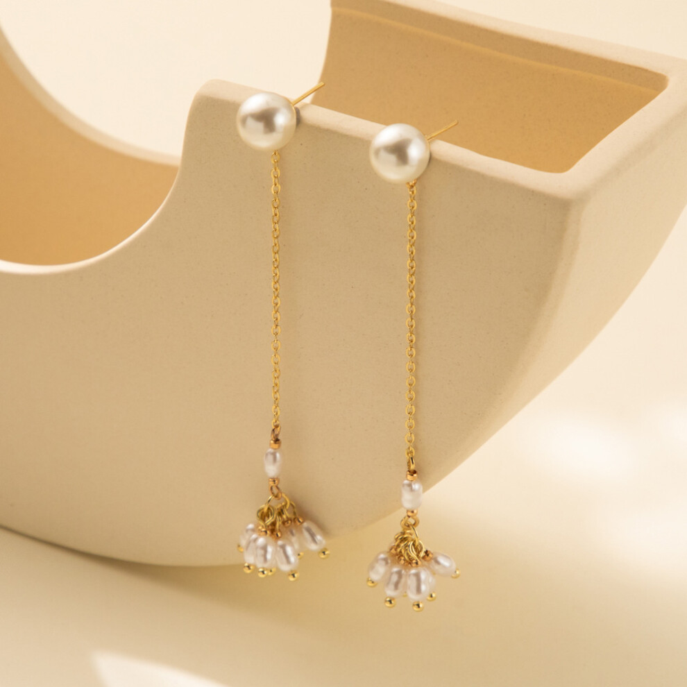 Sophisticated Geometric Pearl Earrings Gold Tassel Long Dangle Earrings For Women - Image 5