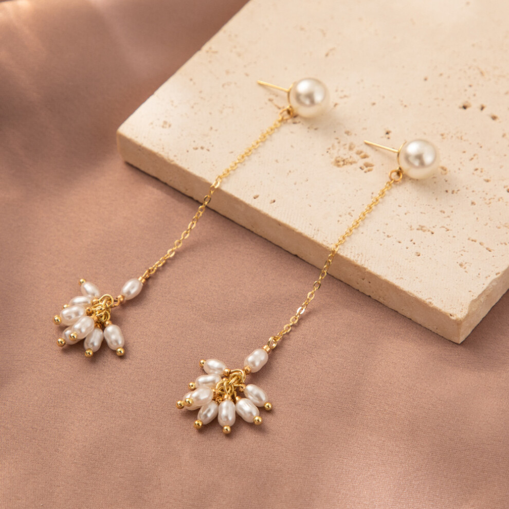 Sophisticated Geometric Pearl Earrings Gold Tassel Long Dangle Earrings For Women - Image 6