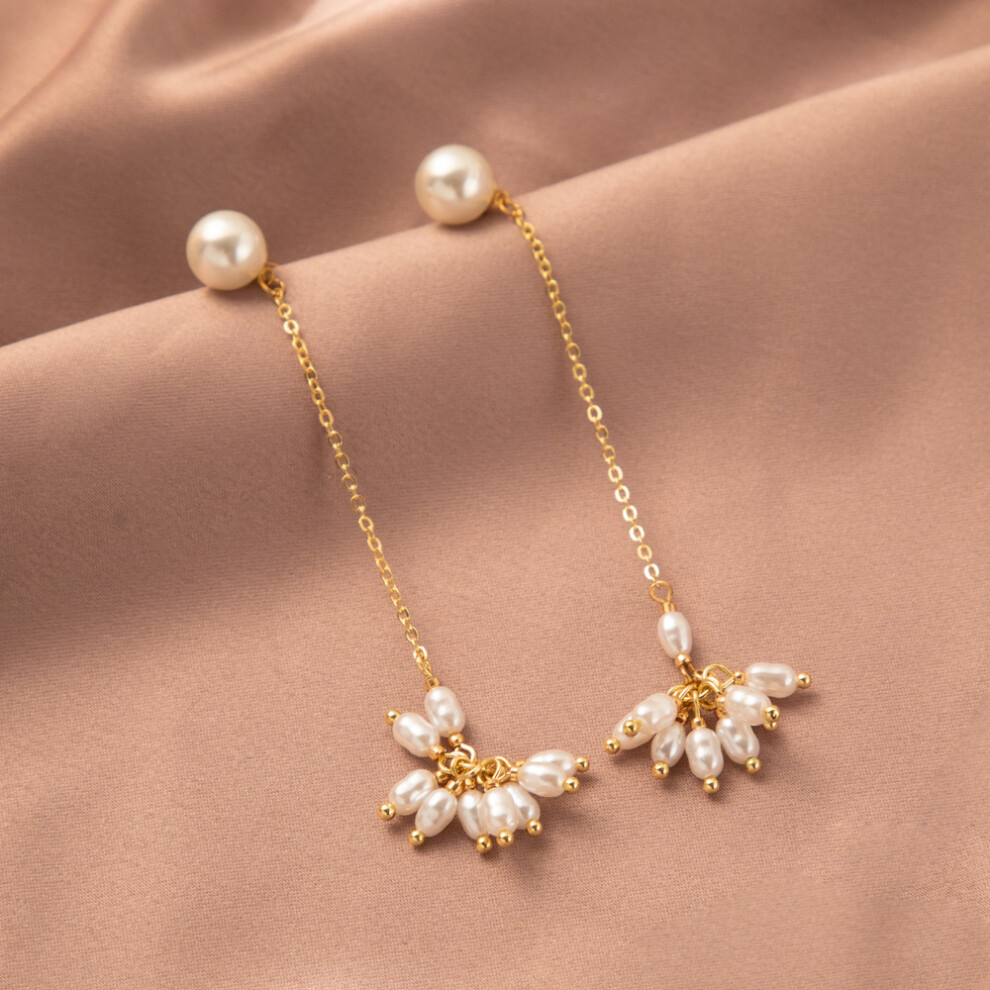 Sophisticated Geometric Pearl Earrings Gold Tassel Long Dangle Earrings For Women - Image 7