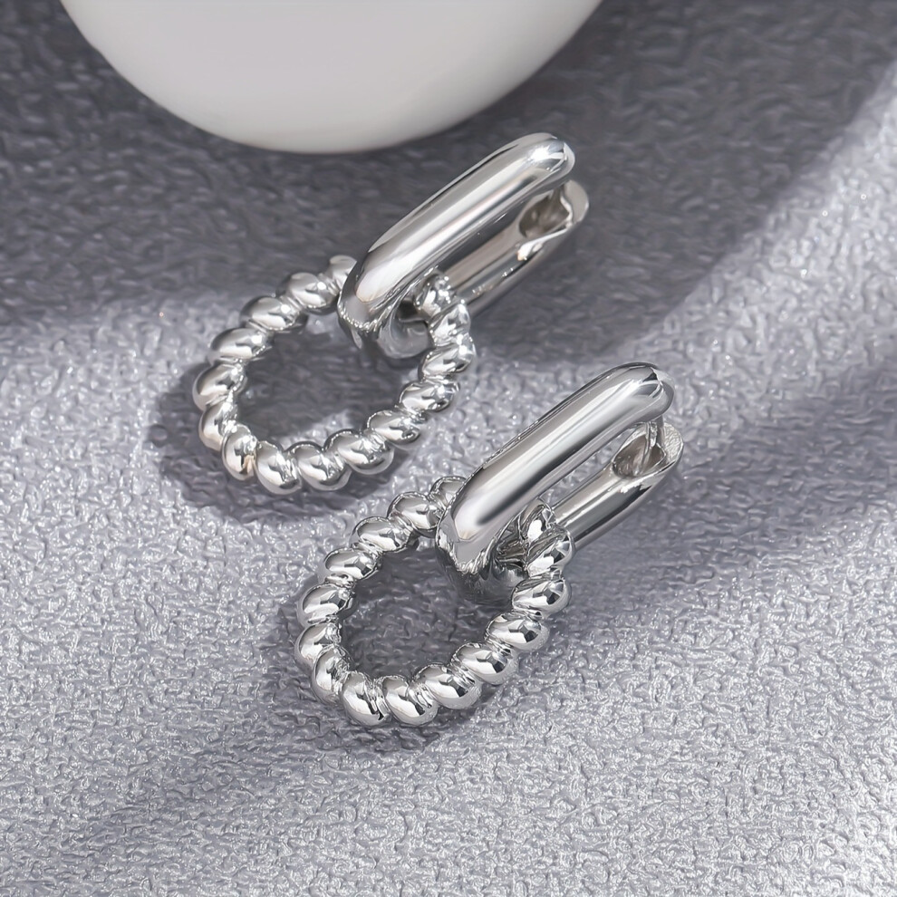 Stainless Steel Drop Dangle Earrings with Double Oval & Twisted Hoops - Image 2