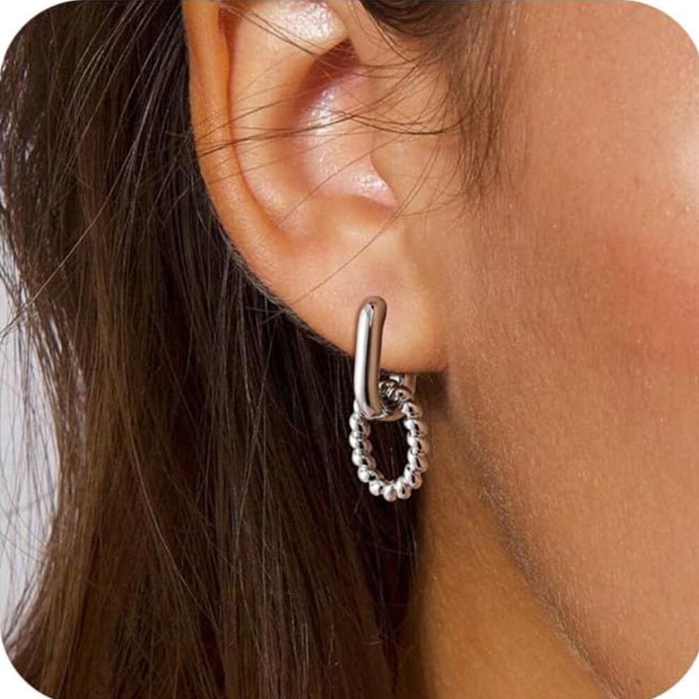 Stainless Steel Drop Dangle Earrings with Double Oval & Twisted Hoops