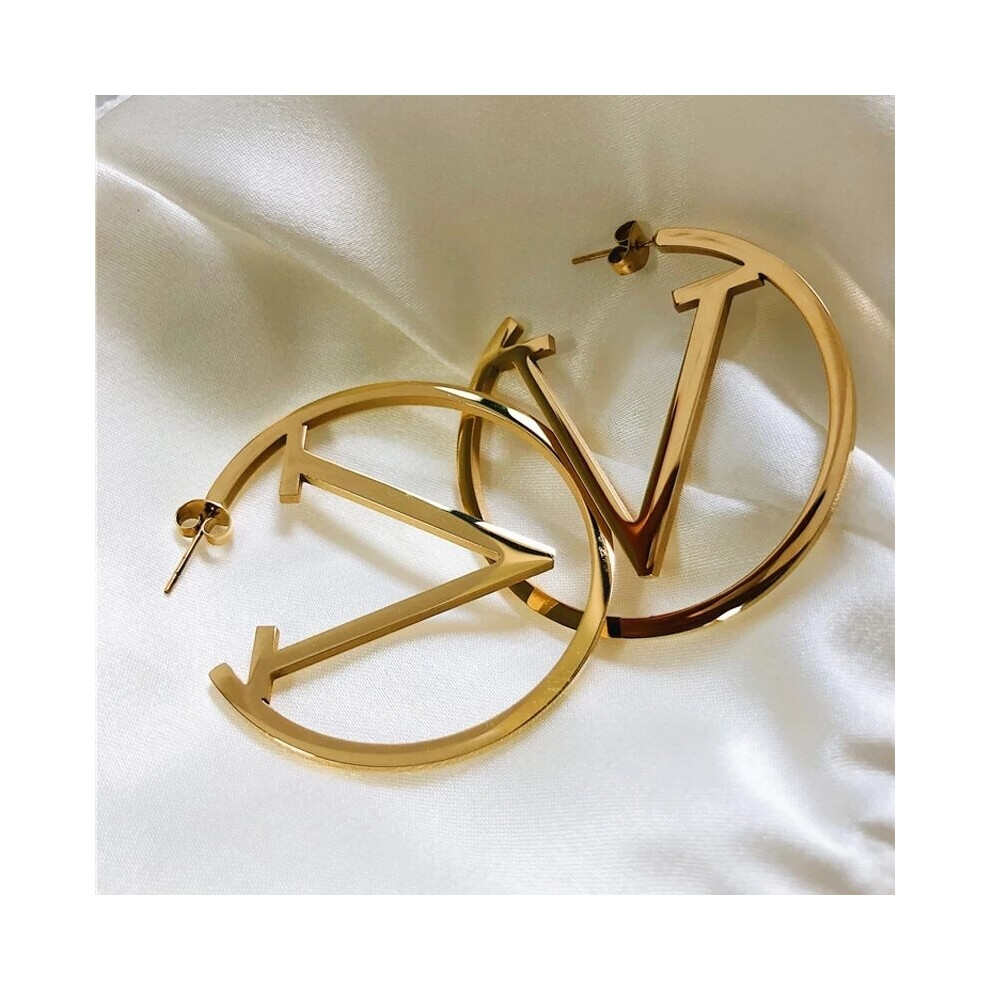 Stainless Steel Letter V Hoop Earrings for Women Ladies Punk Round Ear Gift Party Jewelry - Image 2