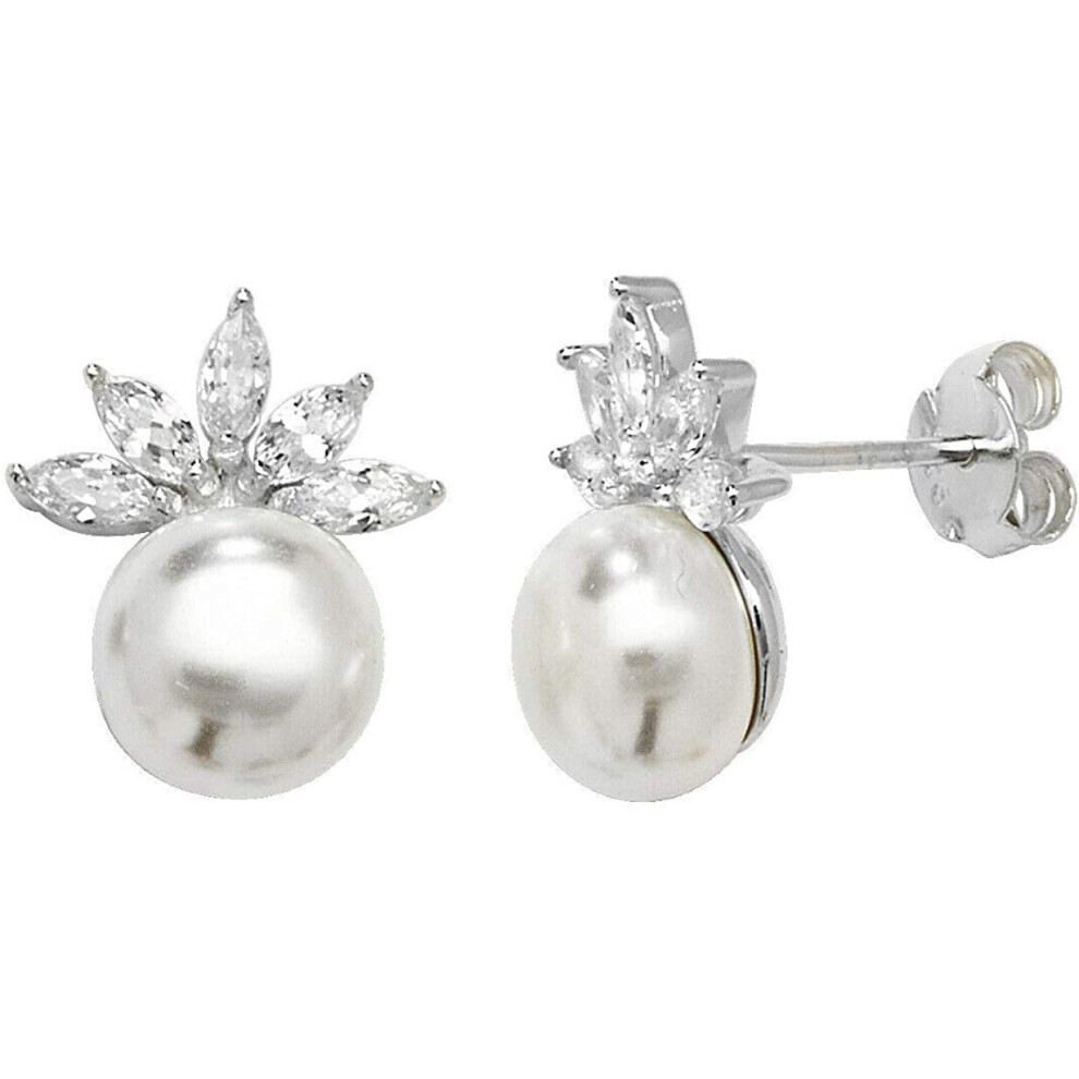 Sterling Silver Pearl Earrings Gemstone Stud Marquise 925 Hallmark British Made