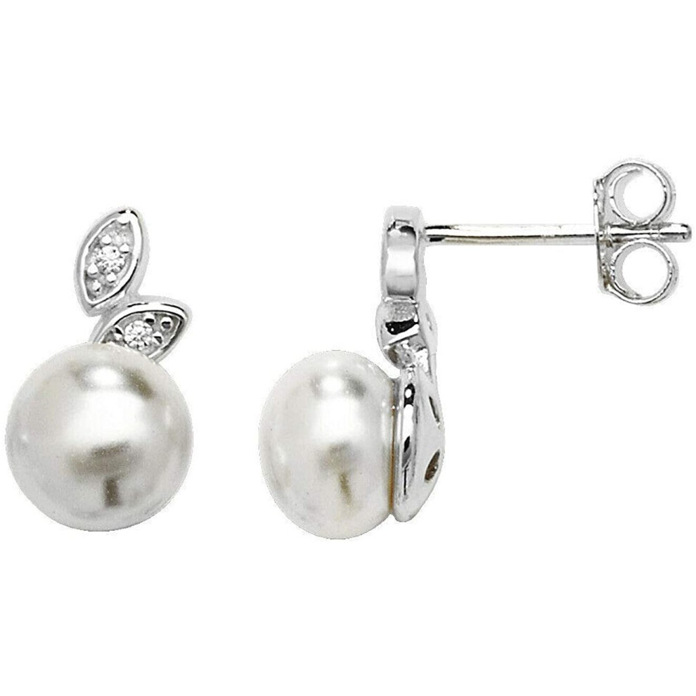 Sterling Silver Pearl Earrings Leaf Design Gemstone 925 Hallmark British Made - Image 2