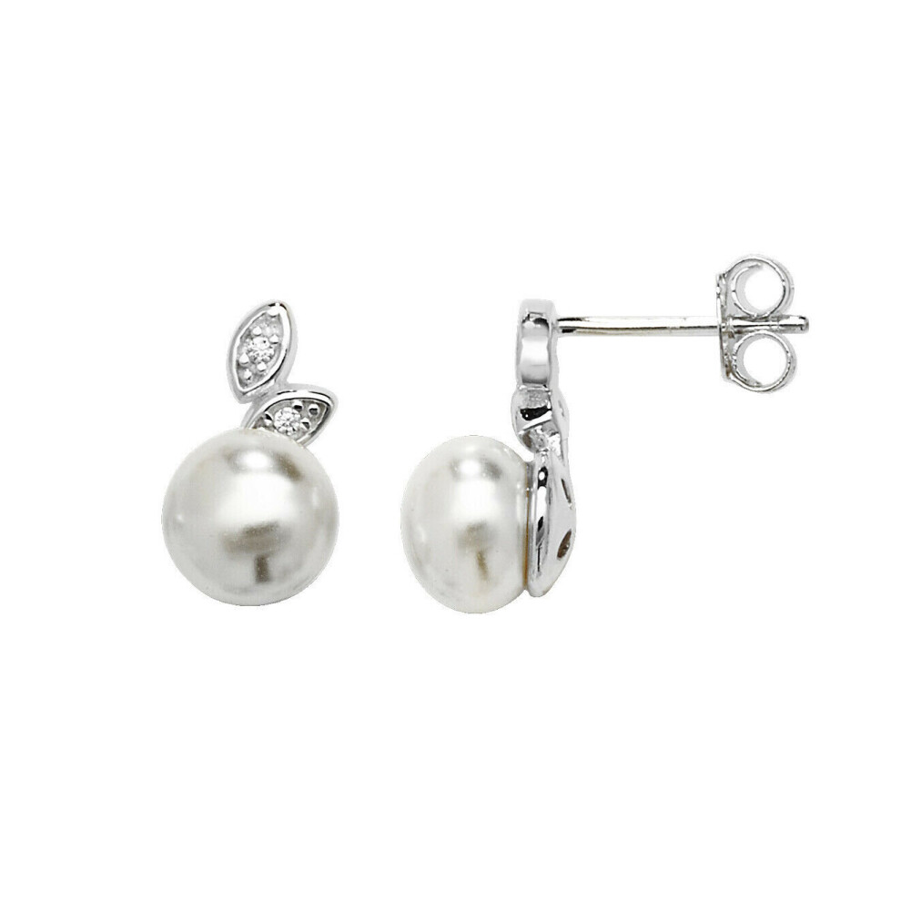 Sterling Silver Pearl Earrings Leaf Design Gemstone 925 Hallmark British Made - Image 3