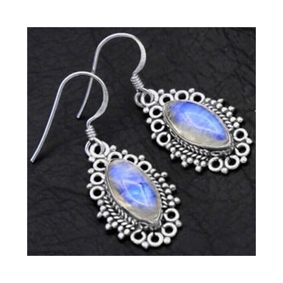 (Style 146) Women Vintage Moonstone Earring Opal Hook Dangle Drop Ear Studs Silver Jewellery