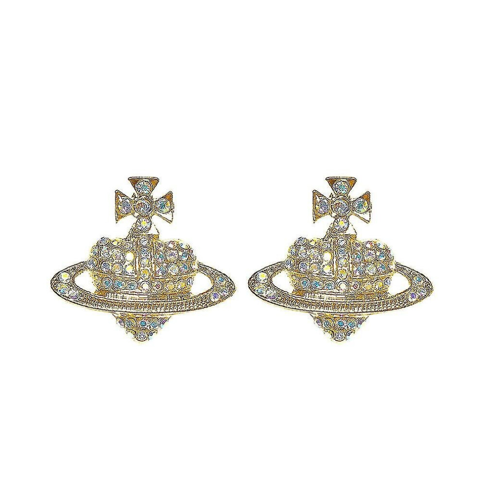 (style 2 Gold) Crystal Saturn Heart Orb Drop Dangle Stud Earrings Rhinestone Silver Gold