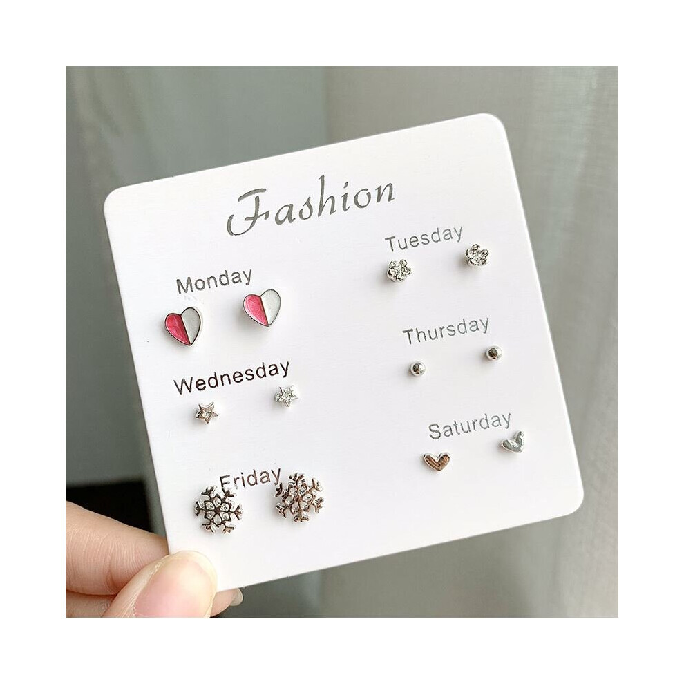 (Style- B) Women Girls One A Day Week 6 Pairs Set Fashion Silver Earring Ear Stud Gift Set