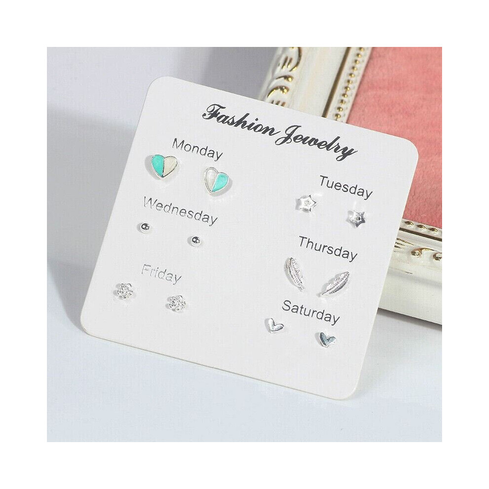 (Style- C) Women Girls One A Day Week 6 Pairs Set Fashion Silver Earring Ear Stud Gift Set