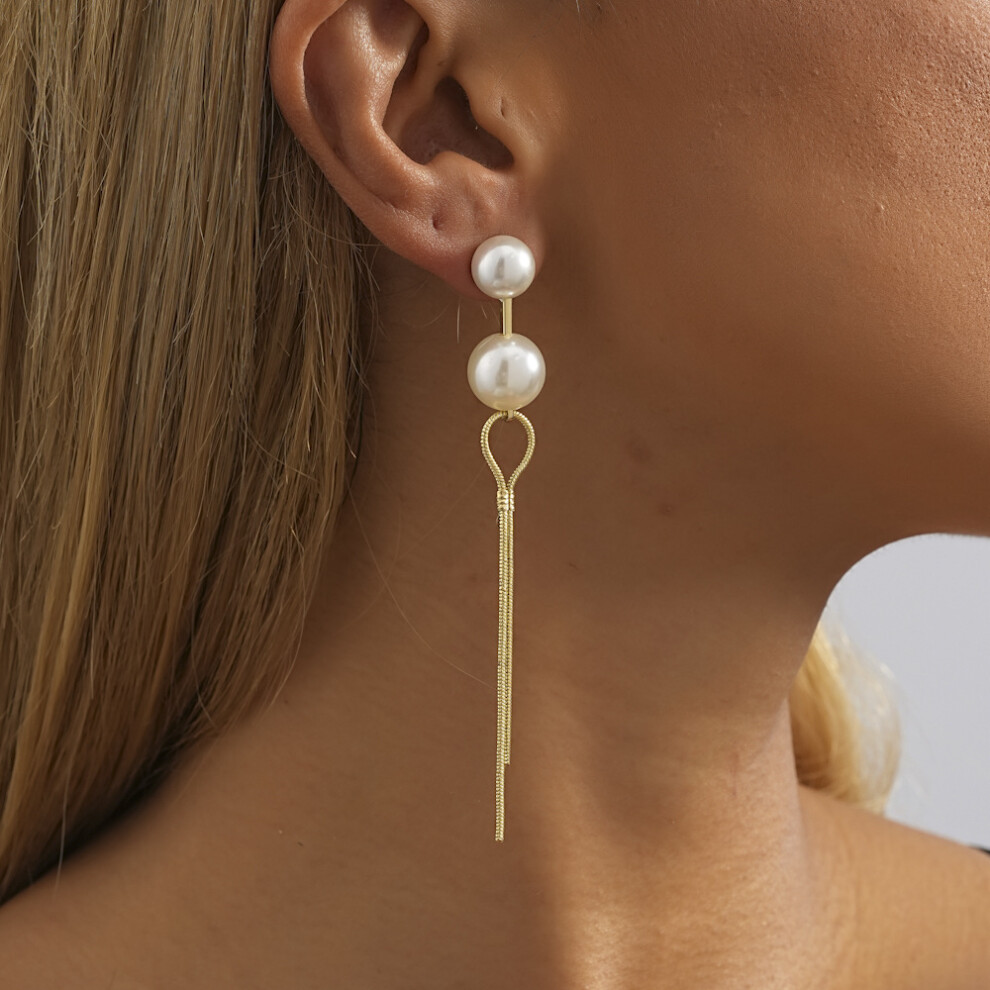 Stylish Long Faux Pearl Earrings For Women Trendy Geometric Chain Dangles - Image 3