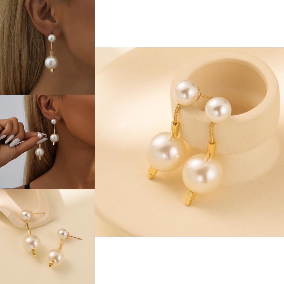 Stylish Womens Geometric Faux Pearl Earrings With Gold Plated Chain Design - Image 3