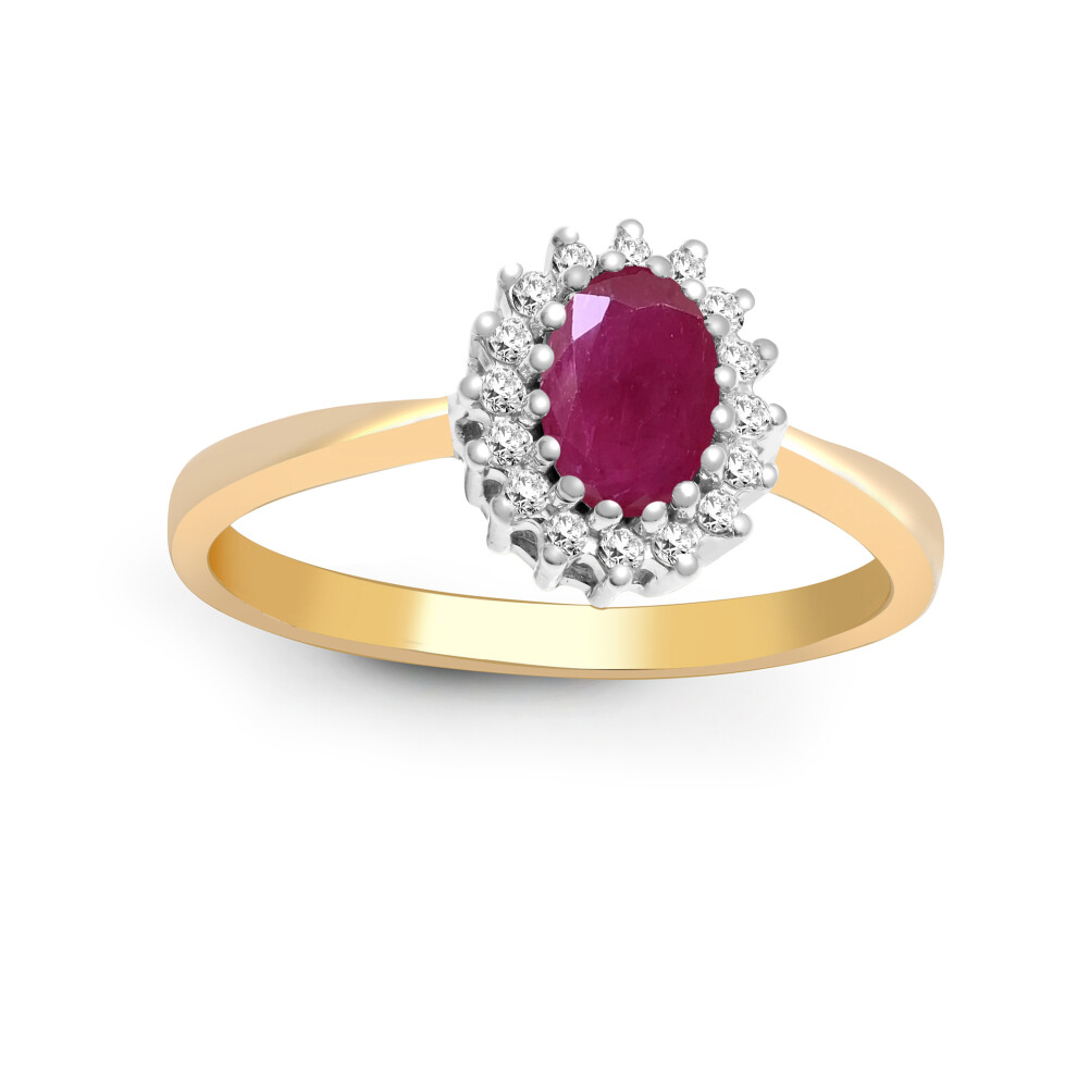 (T) Jewelco London 9ct Yellow Gold Cluster Set H I2 0.12ct Diamond and Oval Red 0.6ct Ruby Classic Royal Cluster Ring 9mm