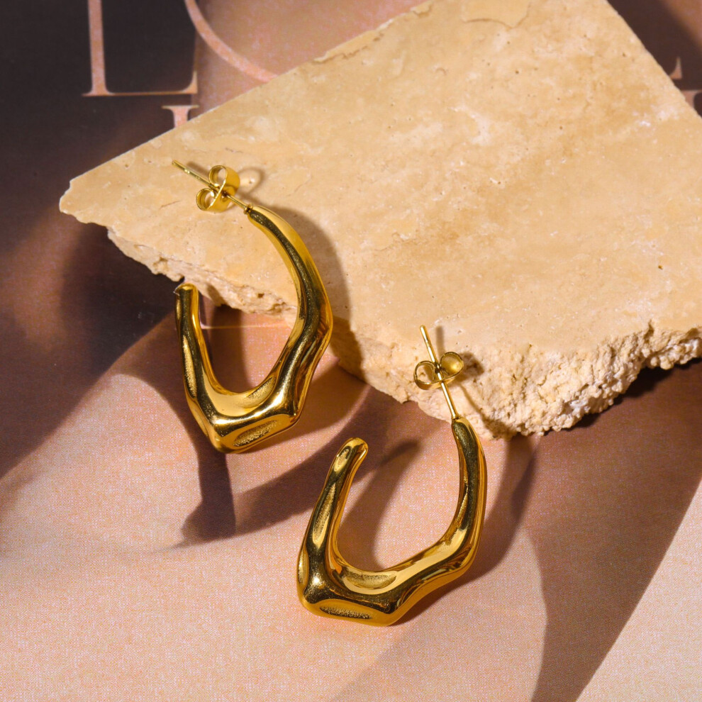 Titanium Irregular C Shape Earrings, 25.2mm Gold-Plated, Vintage Style - Image 4