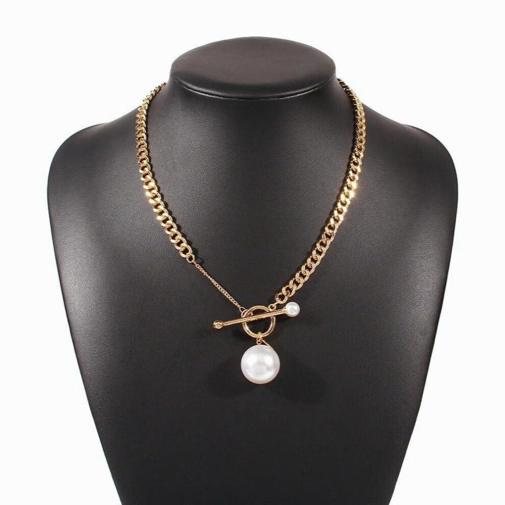 Toggle Clasp Pearl Pendant Curb Chain Necklace, Quirky Retro Dainty Baroque Cuban Link Chain(Gold) - Image 6