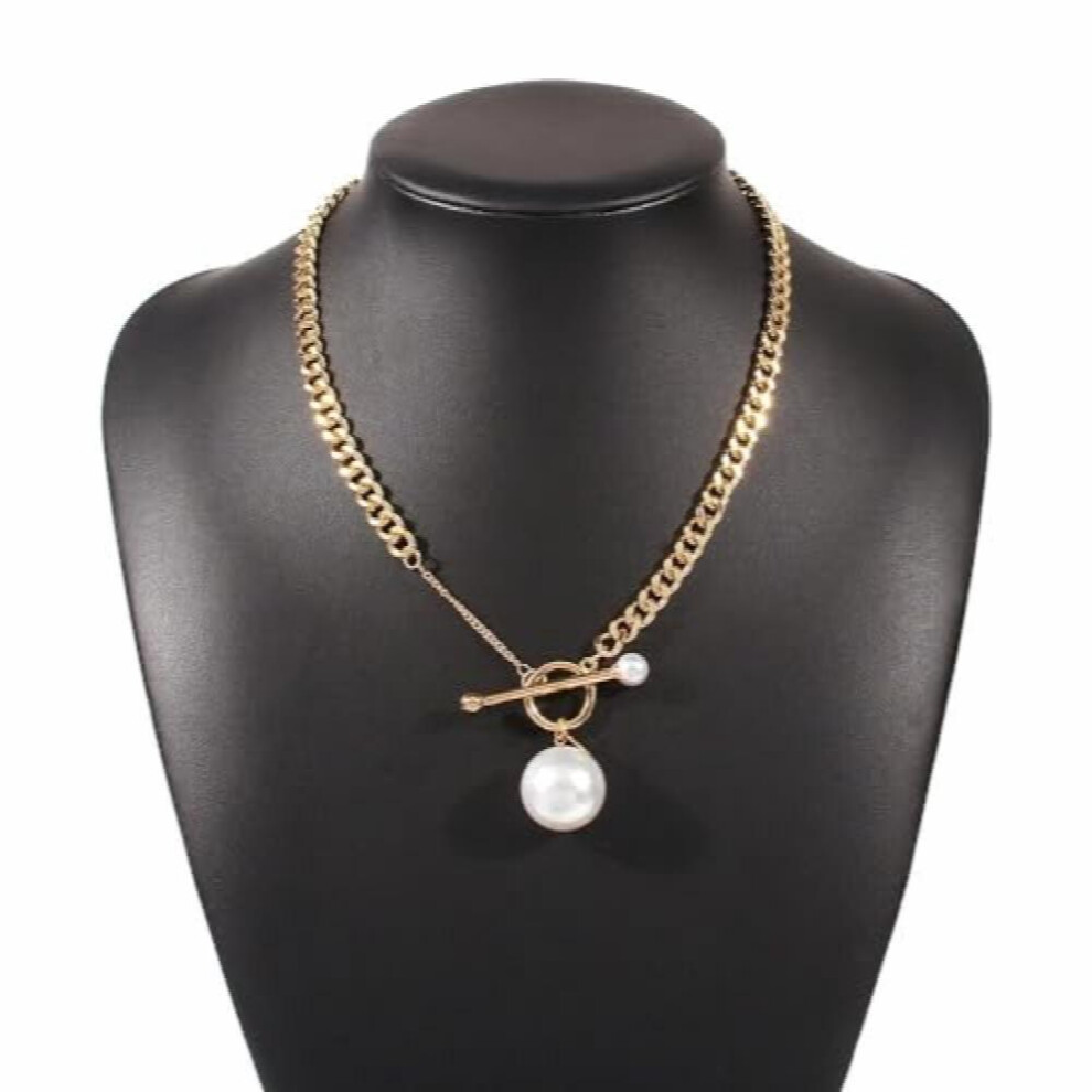 Toggle Clasp Pearl Pendant Curb Chain Necklace, Quirky Retro Dainty Baroque Cuban Link Chain(Gold) - Image 7