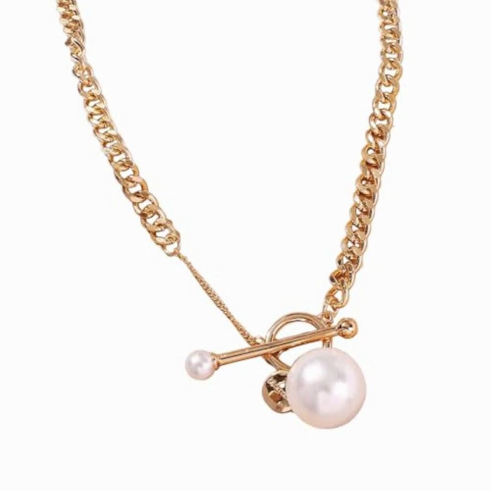 Toggle Clasp Pearl Pendant Curb Chain Necklace, Quirky Retro Dainty Baroque Cuban Link Chain(Gold)