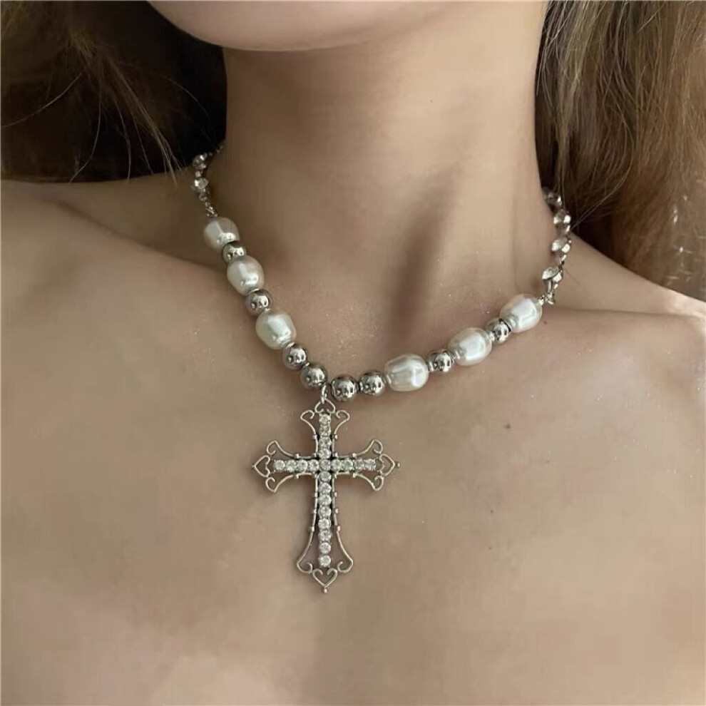 Trendy Gothic Pearl Necklace With Intricate Cross Pendant Ideal For Dark Fashion - Image 6