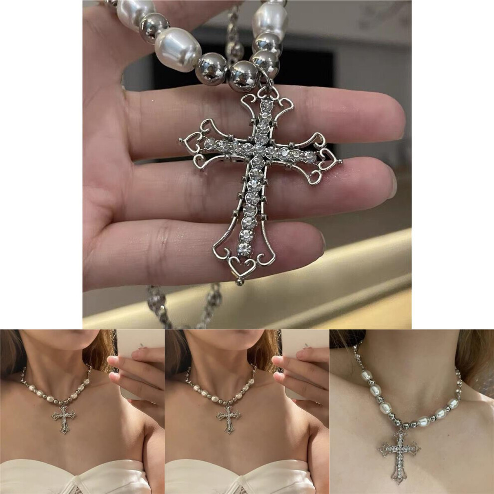 Trendy Gothic Pearl Necklace With Intricate Cross Pendant Ideal For Dark Fashion