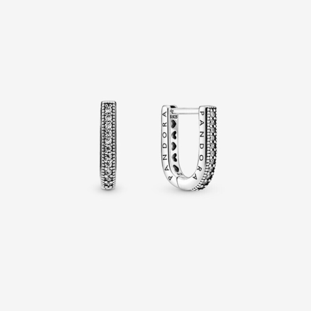 (U shaped Hoop Earrings 299488C01) (Sparkling Pandora Logo Stud Earrings Sterling silver 290559CZ) Genuine Pandora Sterling Silver S925 ALE PavÃ© Hoop Earrings With Pouch