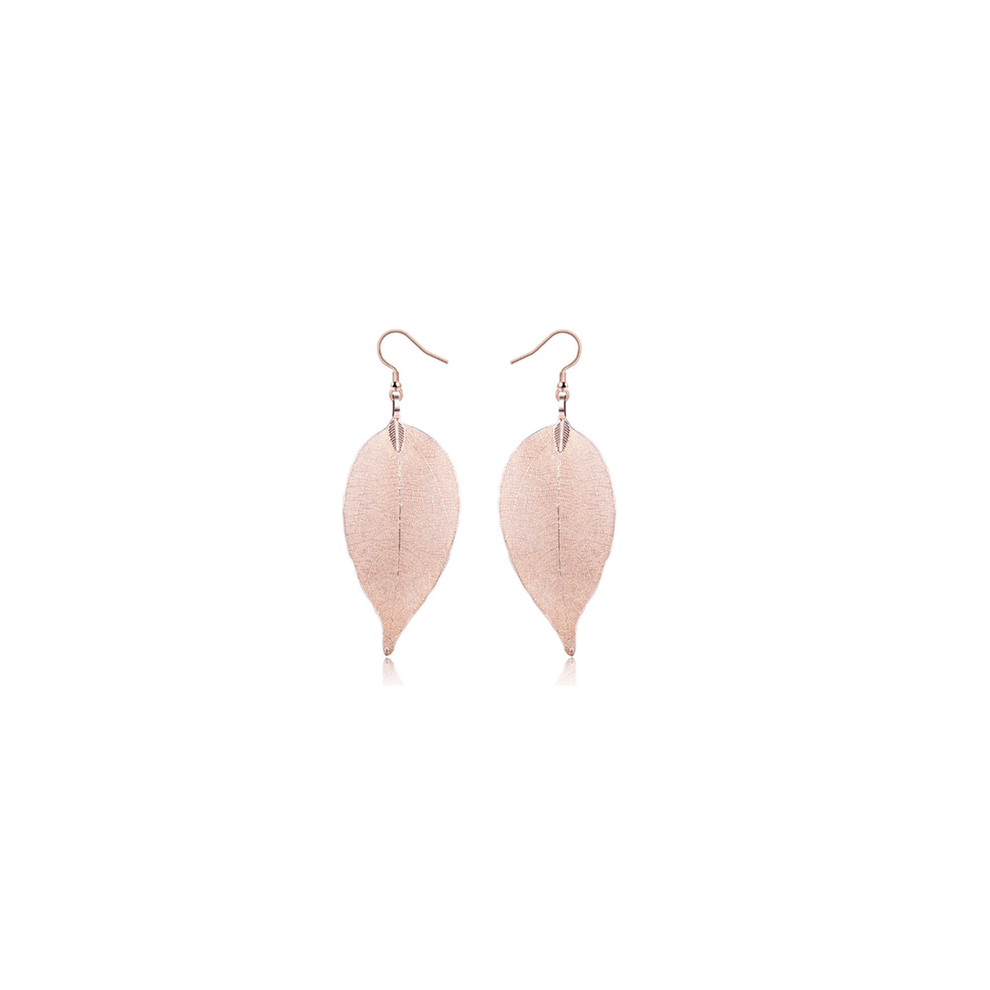 Veile Studios Delicate Filigree Leaf Drop Leaves Ear Studs Long Dangle Earrings Rose Gold