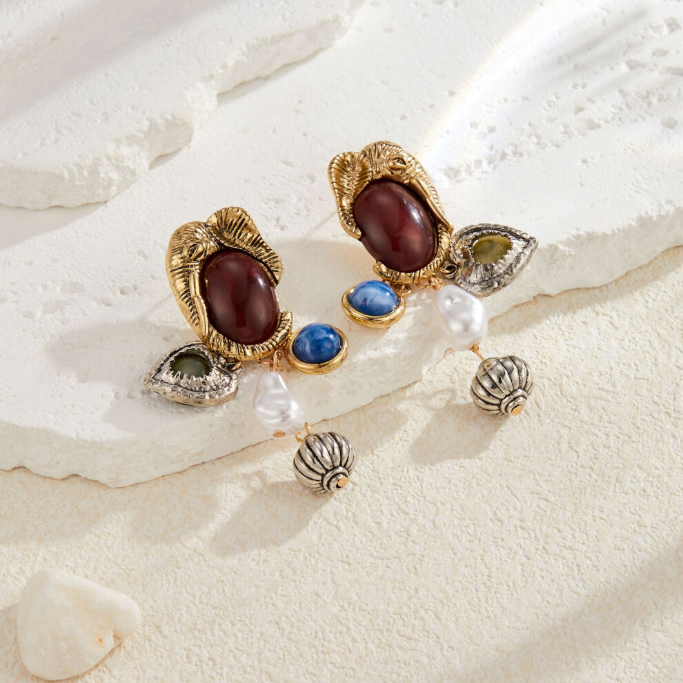 (Vintage Gem Earrings Gold) Gemstone Retro Elegant And Faux Pearl Earrings With Unique Shapes Asymmetrical