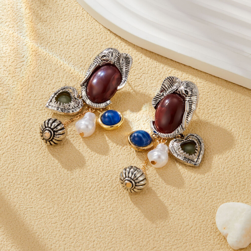 (Vintage Gem Earrings Silver) Gemstone Retro Elegant And Faux Pearl Earrings With Unique Shapes Asymmetrical