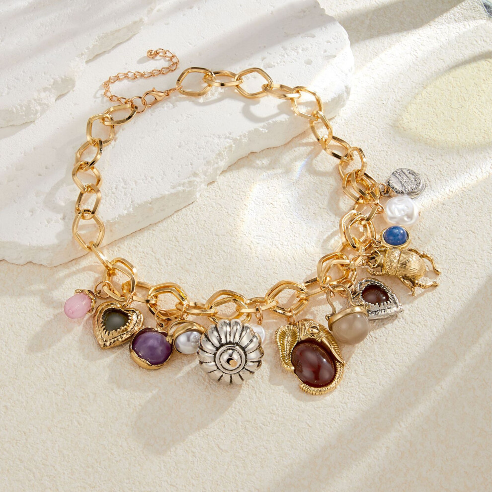 (Vintage Gem Necklace Gold) Gemstone Retro Elegant And Faux Pearl Earrings With Unique Shapes Asymmetrical