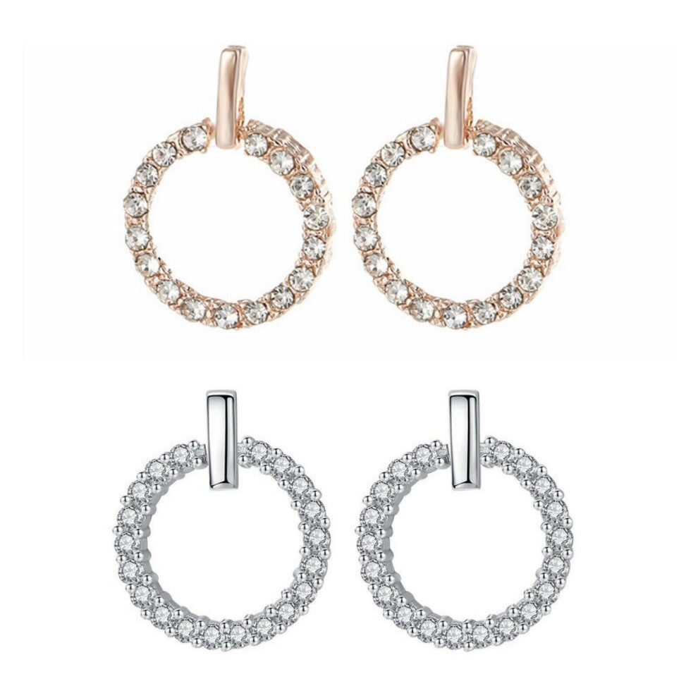 (Yellow Gold) 925 Silver Gold Rose Gold Crystal Zircon Circle Stud Drop Women Girls Earrings