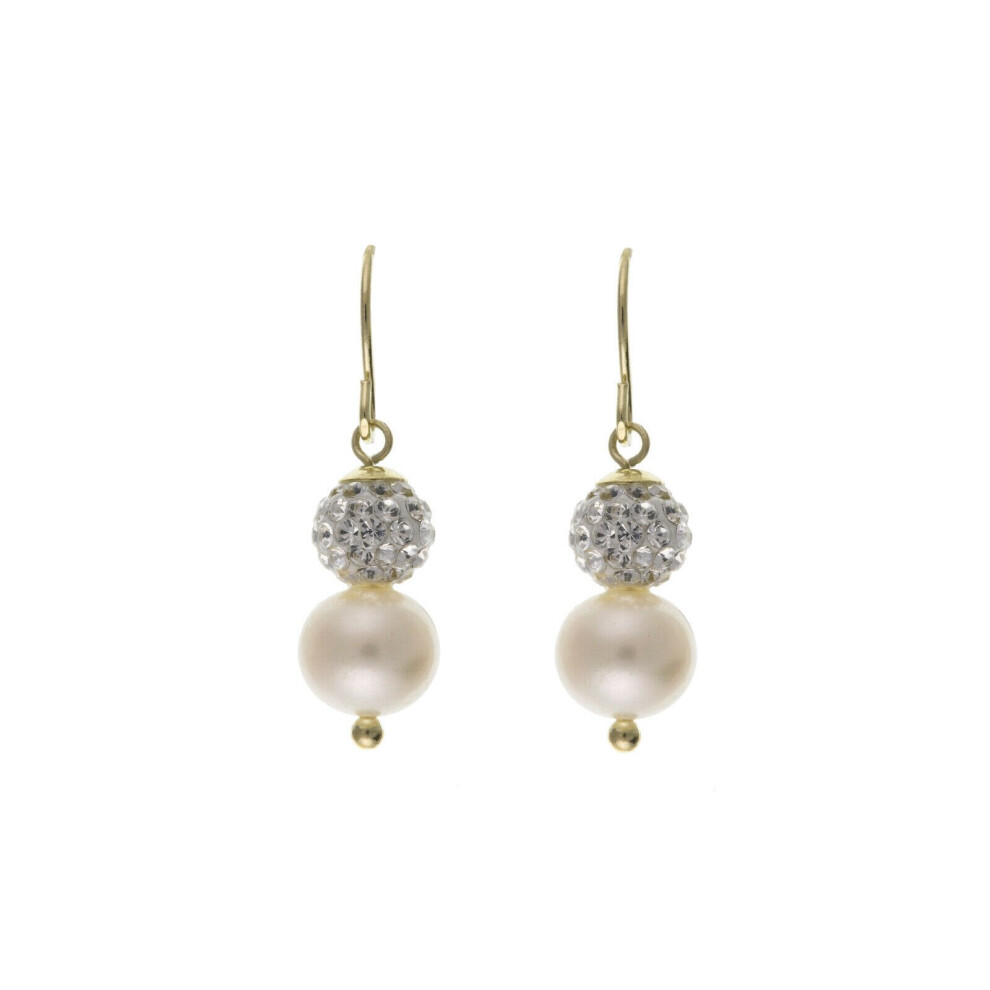 Yellow Gold Pearl Earrings Crystal and Freshwater Pearls Hallmarked Drops - Image 3
