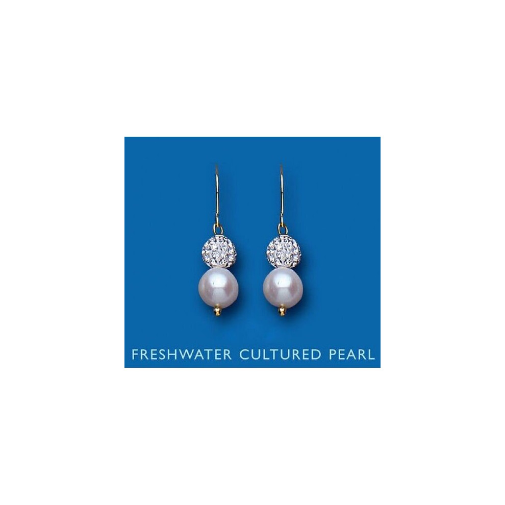 Yellow Gold Pearl Earrings Crystal and Freshwater Pearls Hallmarked Drops - Image 4