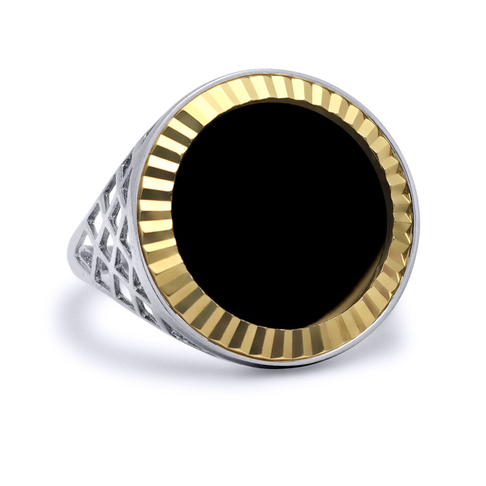 (Z+1) Jewelco London 925 Sterling Silver Basket Full Sovereign Coin Mount Ring - 9ct Gold Fluted Bezel & Onyx - XRN168-F